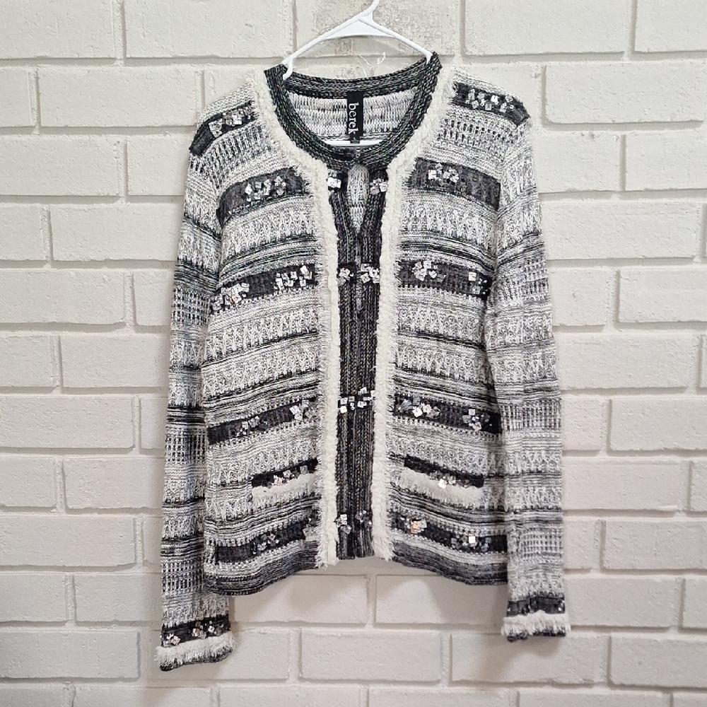 Berek  Shimmer Square Sequin Eyelash Detail Cardigan. Size Large NWOT